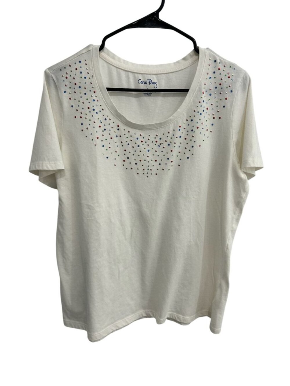 Coral Bay Large White T-Shirt Colorful Rhinestone Accents Whimsical Y2K Retro